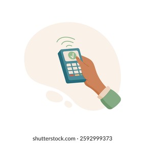 Hand holding payment terminal. Gesture of transferring cash through a sale terminal. Digital payment concept, graphic style, suitable for business contexts.
