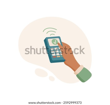 Hand holding payment terminal. Gesture of transferring cash through a sale terminal. Digital payment concept, graphic style, suitable for business contexts.