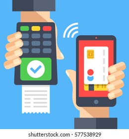 Hand holding payment terminal with green check mark and receipt, hand holding smartphone with credit card. Approved transaction, correct pin entry, successful payment. Flat design vector illustration.