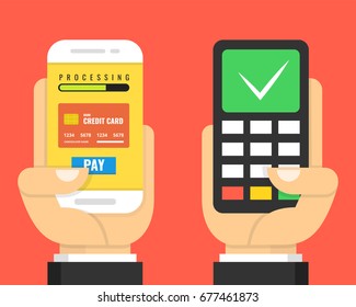 Hand holding payment terminal with green check mar. Hand holding smartphone with credit card. Flat cartoon style. Vector illustration.