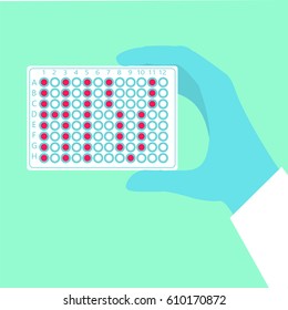 Hand holding pcr plate where wells form HIV word. Stock vector illustration for aids disease diagnostics, cure research.
