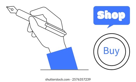 Hand holding a pen, accompanied by Shop and Buy text visuals, emphasizes commerce and writing. Ideal for online shopping, e-commerce, digital marketing, advertising, and creative content. Minimalist