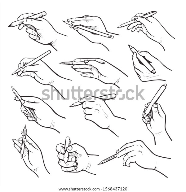ペンの白黒のイラストセットを持つ手 鉛筆の黒いインクのスケッチを持つ人間の手のひら 白い背景にマーカー黒の墨彫りを持つ雄と雌の指 ペンのグリップ方法 のベクター画像素材 ロイヤリティフリー