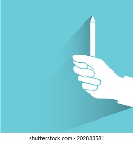 hand holding pen, blue shadow and flat theme