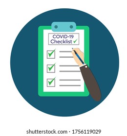 hand holding a pen checking Covid-19 Checklist clipboard icon vector