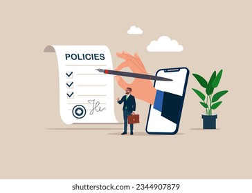 Hand holding pen with company policy document and business briefcase. Vector illustration.