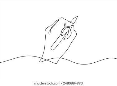 Mano sosteniendo la pluma Dibujo de línea continua. Línea de dibujo a mano con pluma en un dibujo de línea aislado sobre fondo blanco. Ilustración vectorial