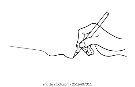 Hand holding a pen continuous line art drawing contour. Vector illustration	