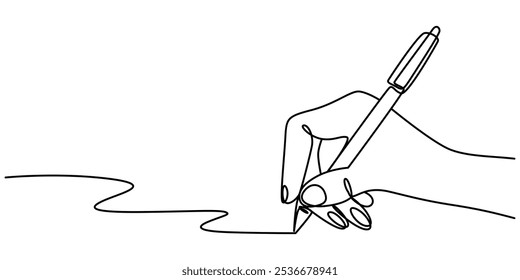 Hand holding pen Continuous line drawing. Hand drawing line with pen in one line drawing isolated on white background. Vector illustration, Signing Contract Continuous Line Icon