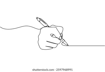 Hand holding pen Continuous line drawing. Hand drawing line with pen in one line drawing, hand writing continuous line art vector illustration.