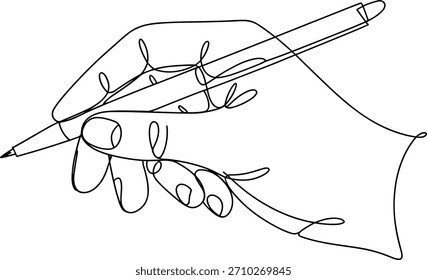 Hand holding pen in continuous line drawing style writing