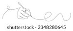 Hand holding pen in continuous style, writing or drawing. Pen line art illustration. Hand holding pencil in continuous line art style.
