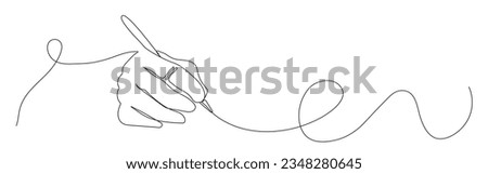 Hand holding pen in continuous style, writing or drawing. Pen line art illustration. Hand holding pencil in continuous line art style.