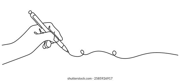 A hand holding a pen and drawing a continuous line. The concept of a letter or diary, simply drawn in a linear manner. Editable strokes and symbols of school lessons. Doodle style hand-drawn drawing.