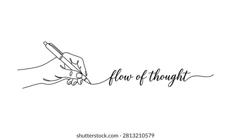 Hand holding pen drawing flowing cursive text labeled flow of thought