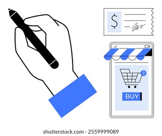 Hand holding pen drawing. Nearby phone displays shopping cart with buy button. Dollar sign receipt. Ideal for online shopping, e-commerce, digital transactions, payment processing, mobile purchases