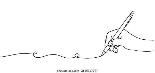 A hand holding a pen and drawing a solid line. A letter or diary theme with simple linear drawing. Drawing with school symbols with editable strokes. Doodle style hand-drawn drawing.