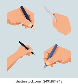 Mano que sostiene el icono del conjunto de escritura del dibujo del bolígrafo