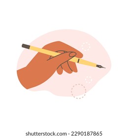 Hand holding pen flat style, vector illustration isolated on white background. Abstract pink shape and circles, decorative design element, stationery for work and hobby