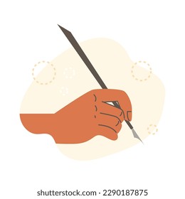 Hand holding pen flat style, vector illustration isolated on white background. Decorative design element, abstract yellow shape and circles, tool for creation and hobby