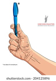 Hand holding pen, illustration is editable so you can put any object in the hand, detailed vector drawing.