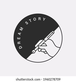 Hand holding a pen illustration logo. Black color hipster design.