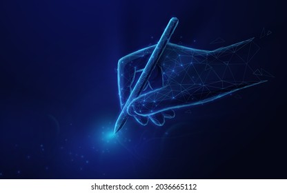 Hand holding a pen. Low polygon line, triangles, and particle style design. Abstract geometric wireframe light connection structure