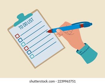 Hand holding a pen and making notes on To Do List. Hand drawn vector illustration isolated on light background, flat cartoon style.