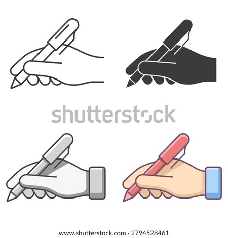 A hand holding a pen multicolored icon set. Vector isolated illustration.