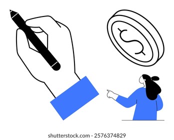 Hand holding pen next to coin with dollar symbol and person pointing. Ideal for business, finance, investment, creativity, and minimalism themes. Simple, clean vector style