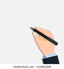 Hand holding pen and writing isolated on transparent background. Businessman hand with pen writing on Transparency only in vector file - Vector illustration.