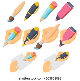 Hand Holding Pen, Pencil, Brush And Marker Set. Process Of Writing, Drawing And Painting Cartoon Vector Illustration Isolated On White