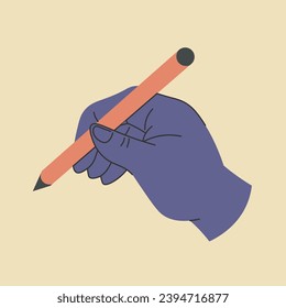 Hand holding pen or pencil, writing or drawing. Isolated arm of personage with tool dor creating artwork or sketch. Artist or writer, journalist with instrument for draw. Vector in flat style