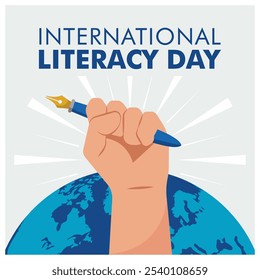 Hand holding a pen. People celebrate Literacy Day by reading and writing. Happy Literacy Day concept. Flat vector illustration.