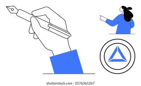 Hand holding a pen, a person pointing, and a geometric logo in blue and black. Ideal for business presentations, creative projects, marketing campaigns, educational materials, advert designs