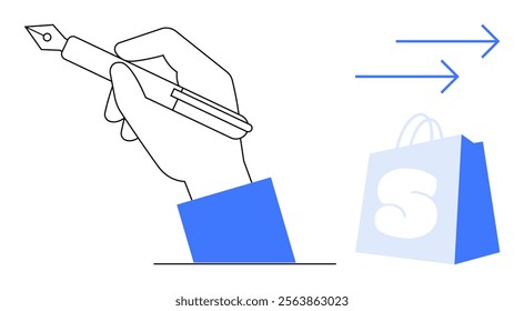 Hand holding a pen poised to write, with a shopping bag and directional arrows. Ideal for e-commerce, online shopping, writing, business, and minimalistic design themes. Simplistic and clean style