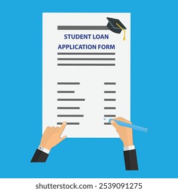 Hand holding a pen ready to sign the bottom of a student loan application form