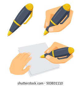 Hand holding pen set. Process of writing, drawing and sketching. Office and artist tool cartoon vector illustration. Working, education, hobby and creative concept isolated on white.