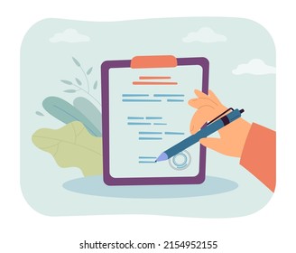 Hand holding pen and signing contract flat vector illustration. Clipboard with sheets of paper and seal. Business, agreement, document concept for banner, website design or landing web page