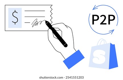 Mão segurando uma caneta assinando um documento com símbolo de dólar, saco de compras azul e símbolo de seta circular P2P. Ideal para comércio, finanças, comércio eletrônico, transações ponto a ponto, pagamentos digitais