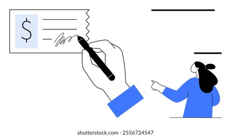 Hand holding pen signs check as person points in minimalistic drawing. Ideal for banking, finance, transactions, instructions, and agreements