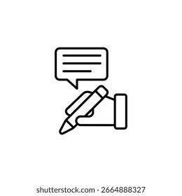 Hand, die einen Stift mit einer das Schreiben und die Kommunikation darstellenden Sprechblase hält