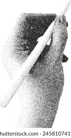 Hand holding pen. Stipple grain texture. Retro photocopy effect. Gesture design dotted halftone effect