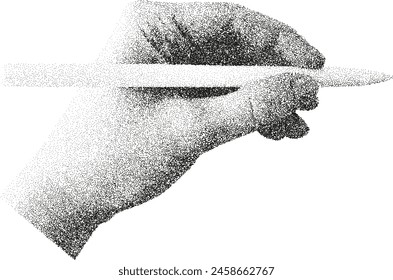 Hand holding pen. Stipple grain texture. Retro photocopy effect. Gesture design dotted halftone effect