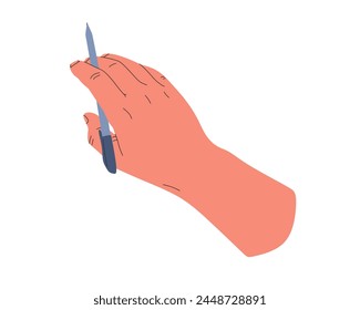 Hand holding a pen. Vector human hand and blue pen, top view. Concept of education and studying. Graphic design element. Colored flat vector illustration isolated on white background