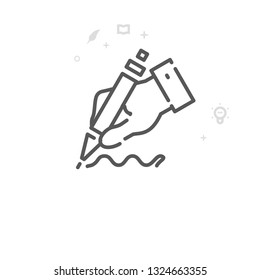 Hand Holding a Pen Vector Line Icon. Writing, Authors and Books Symbol, Pictogram, Sign. Light Abstract Geometric Background. Editable Stroke. Adjust Line Weight. Design with Pixel Perfection.