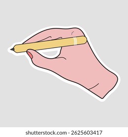 Hand Holding a Pen Vector Sticker. Flat vector sticker of a hand holding a yellow pen—perfect for writing, journaling, education, office work, creativity, and illustration projects