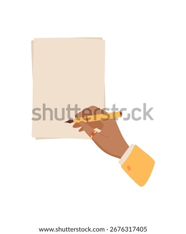 Hand holding pen to write on flat paper note and card. cartoon graphic style message with envelope for written correspondence. Concept of love, communication, and creativity in stationery.