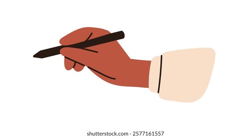 Hand holding pen, writing. Artist sketching, drawing, designing with digital stylus. Arm signing, marking with stationery tool. Flat graphic vector illustration isolated on white background