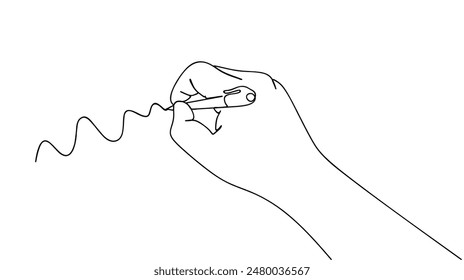 Mano sosteniendo el bolígrafo y la escritura, dibujo de línea continua. Una mano de línea escribiendo dibujo de línea continua aislado sobre fondo blanco. Línea de arte, Ilustración vectorial